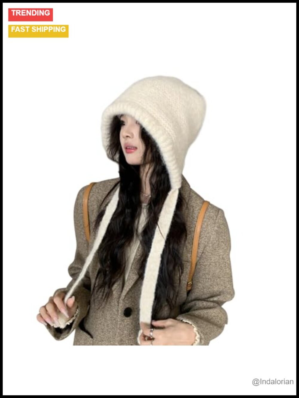 Wool Knitted Dual Purpose Earflap Hat & Bag Adjustable Drawstring Slouch Beanie